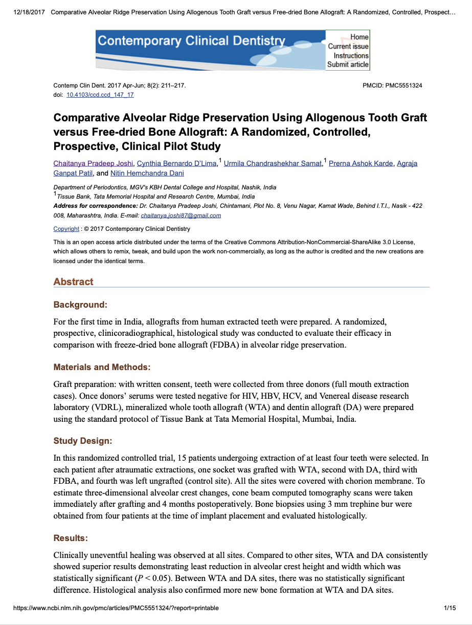 Comparative Alveolar Ridge Preservation Using Allogenous Tooth Graft ...